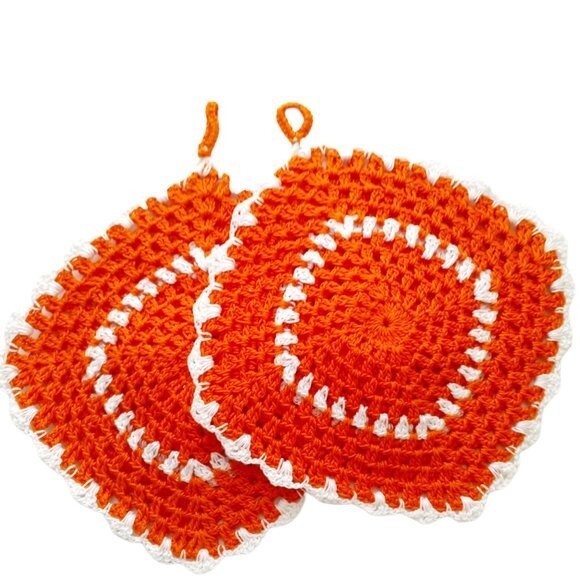 Hand Crocheted Pot Holders Hot Pads Trivet Flower White Orange S7.5" set of 2 - Picture 2 of 8